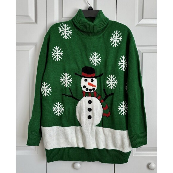 Ugly Christmas Sweater Women's Size 1X Green Snowman Turtleneck Pullover Knit - Picture 1 of 8